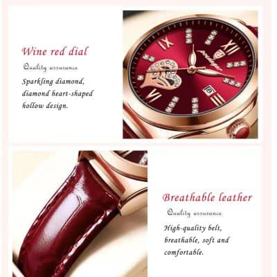 Luxurious red wristwatch with diamond accents, heartbeat-shaped hollow design, and high-quality breathable leather strap, ideal for elegant fashion statements.