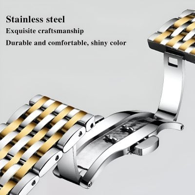 Stainless steel watch band with gold-accented links, showcasing durable craftsmanship and shiny finish, ideal for luxury watches and accessories.