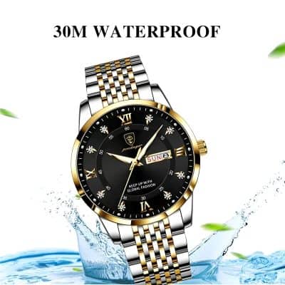 Stainless steel luxury men's watch with black dial, gold accents, date display, and water-resistant design suitable for fashion and daily wear.