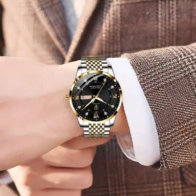 Luxurious men's two-tone gold and silver wristwatch with black dial, Roman numerals, and date display, perfect for elegant fashion and timekeeping.