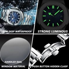 Shiny stainless steel luxury watch with blue dial, 5 ATM deep waterproof waterproofing, and robust bracelet, perfect for stylish men and women.
