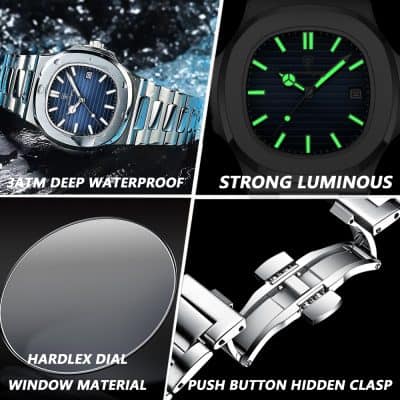 Shiny stainless steel luxury watch with blue dial, 5 ATM deep waterproof waterproofing, and robust bracelet, perfect for stylish men and women.