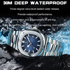 Waterproof watch with blue dial and stainless steel band, suitable for swimming and bathing, deep water resistance and anti-fog features.