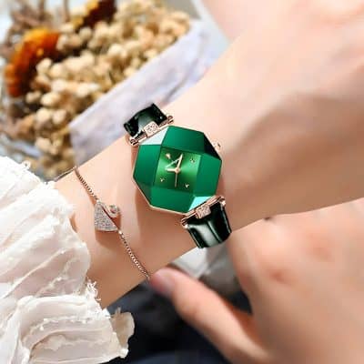 Elegant green geometric fashion watch with black leather strap, perfect for stylish accessories at Monalisa Store, offering luxury timepieces and jewelry.