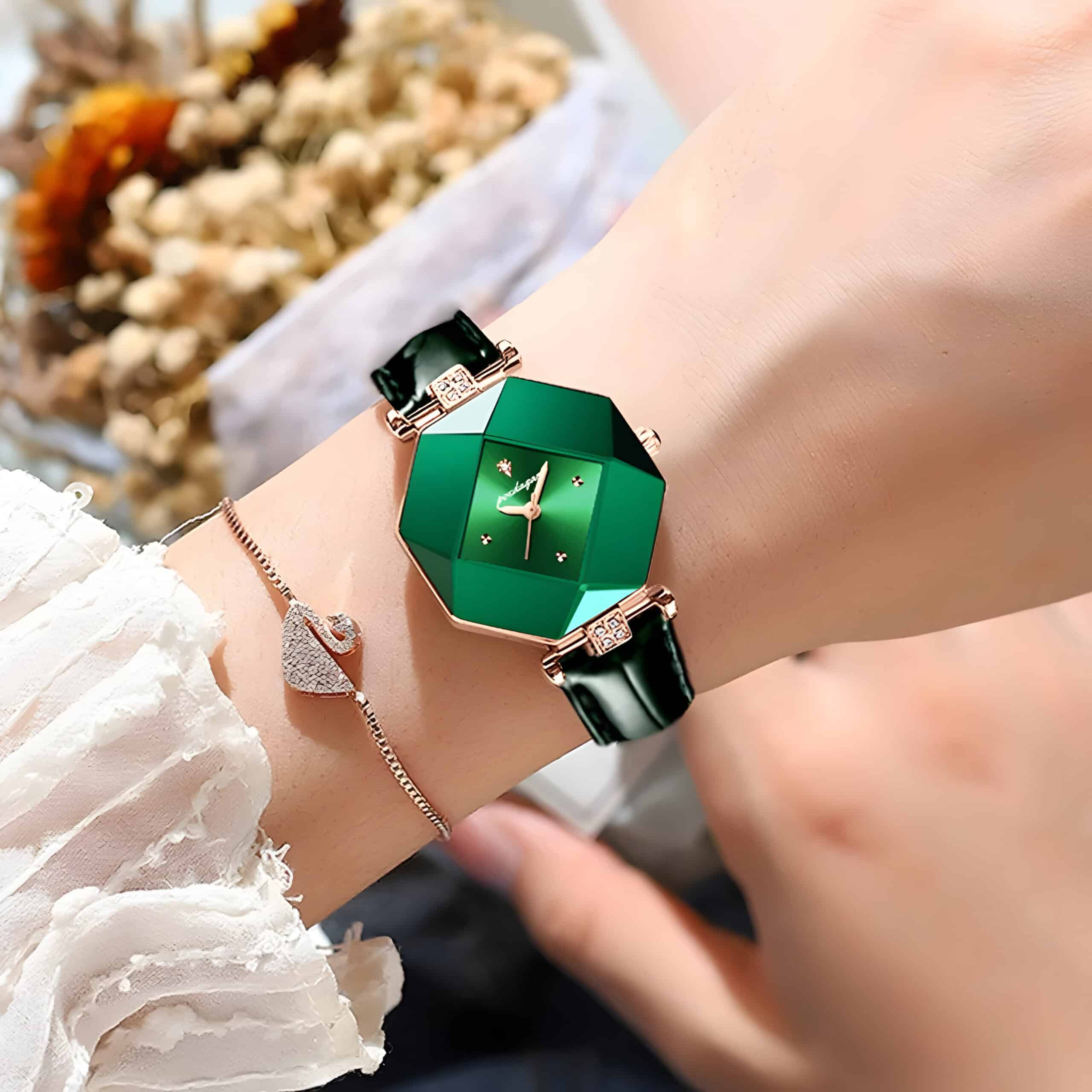 Elegant green geometric fashion watch with black leather strap, perfect for stylish accessories at Monalisa Store, offering luxury timepieces and jewelry.
