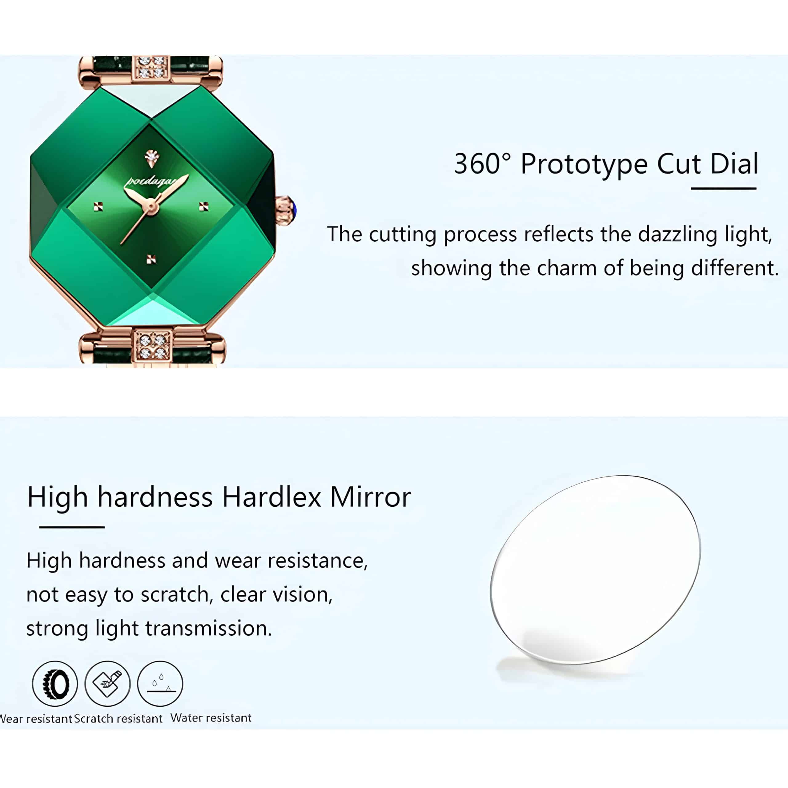 Luxury green and rose gold watch with gemstone accents, showcasing innovative 360° prototype cut dial for elegant timekeeping.