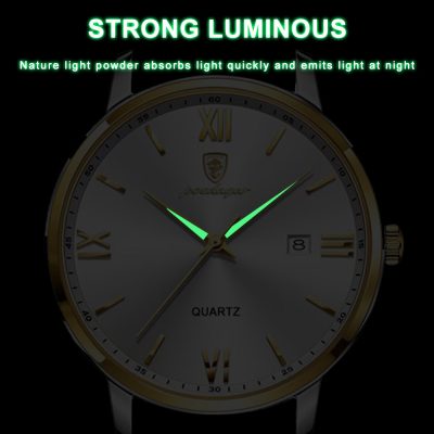 Luminous wristwatch with glow-in-the-dark hands and markers, elegant design, perfect for stylish accessories.