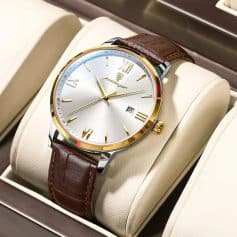 Elegant men's wristwatch with gold accents, silver dial, brown leather strap, and date display, perfect for luxury fashion and timepiece enthusiasts.