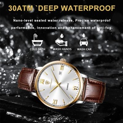 Luxury wristwatch with gold accents and leather strap suitable for waterproof activities.