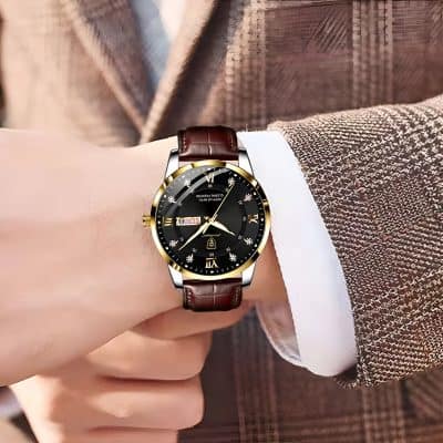 Luxury men's wristwatch with black dial, gold accents, roman numerals, and leather strap, showcasing elegant design and premium craftsmanship.