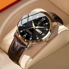 Elegant men's luxury wristwatch with black dial, gold accents, leather strap, and day-date display, ideal for sophisticated style and fashion statements.