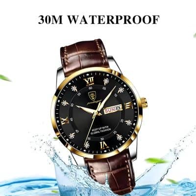 Waterproof men’s watch with leather strap and gold accents, ideal for daily wear and professional settings. Features date and day display, quartz movement, and water resistance up to 30 meters.