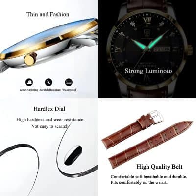 Luxurious men's wristwatch featuring a sleek, slim profile with a gold and silver case, durable strap, high hardness Hardlex dial, and luminous hands, perfect for fashion and elegance.