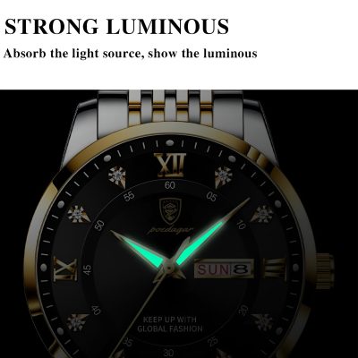 Luxury men's wristwatch with black dial, gold accents, luminous hands, day and date display, trendy design, for fashion and style enhancement.