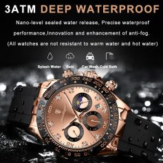 Luxurious waterproof watch with rose gold case, black silicone strap, and advanced anti-fog features, perfect for swimming, rain, and everyday water exposure.