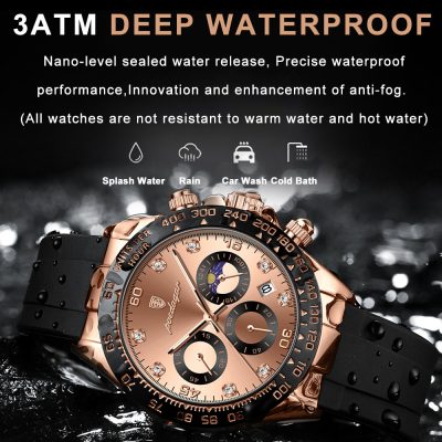 Luxurious waterproof watch with rose gold case, black silicone strap, and advanced anti-fog features, perfect for swimming, rain, and everyday water exposure.