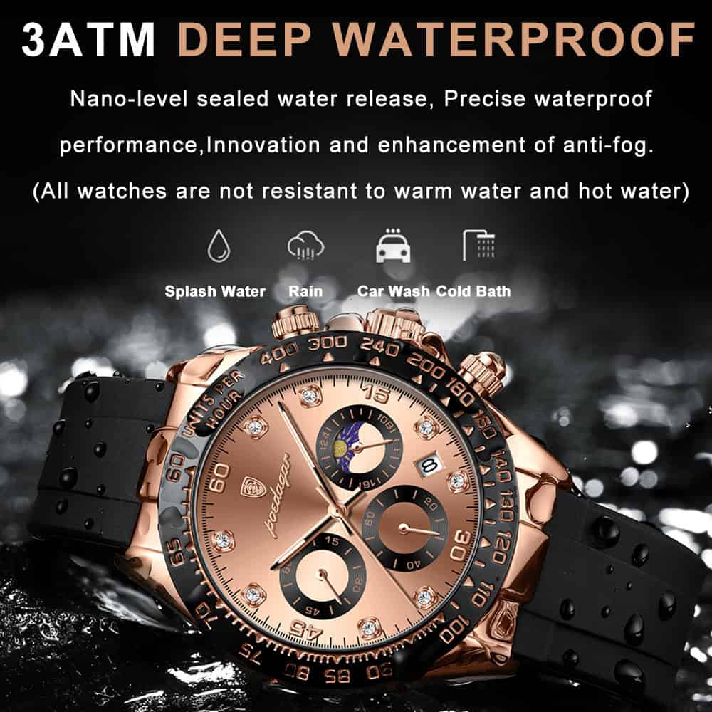 Luxurious waterproof watch with rose gold case, black silicone strap, and advanced anti-fog features, perfect for swimming, rain, and everyday water exposure.