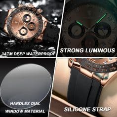 Luxury men's watch with 3ATM deep waterproof protection, strong luminous dial, durable hardlex window material, and comfortable silicone strap, perfect for high-end fashion and everyday wear at Monalisa Store.