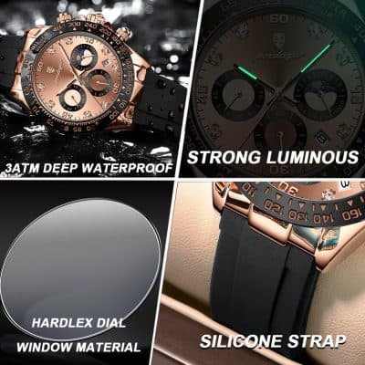 Luxury men's watch with 3ATM deep waterproof protection, strong luminous dial, durable hardlex window material, and comfortable silicone strap, perfect for high-end fashion and everyday wear at Monalisa Store.