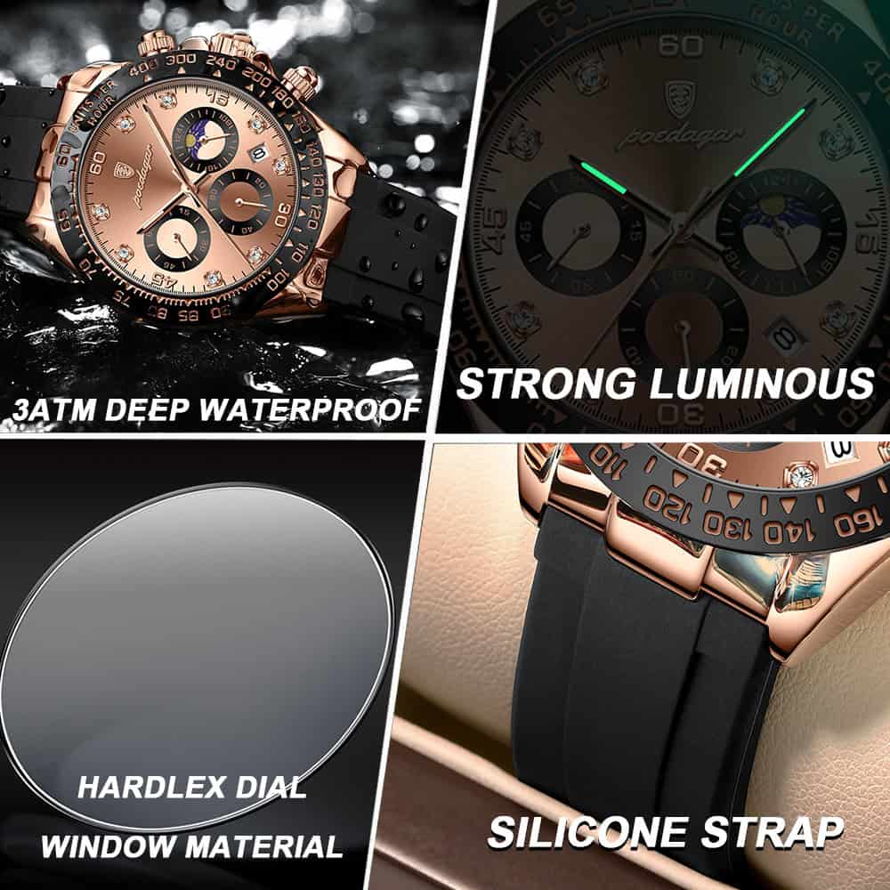 Luxury men's watch with 3ATM deep waterproof protection, strong luminous dial, durable hardlex window material, and comfortable silicone strap, perfect for high-end fashion and everyday wear at Monalisa Store.