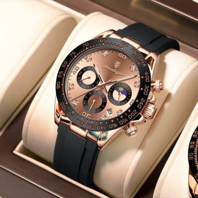Luxurious rose gold men's chronograph watch with diamond accents, black rubber strap, and tachymeter bezel, perfect for luxury watch enthusiasts.