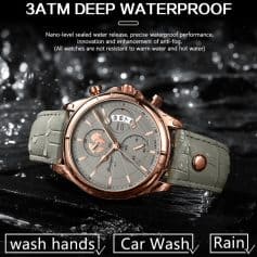 Elegant rose gold men's waterproof watch with chronograph features, suitable for all weather conditions including rain and car washes. Perfect for durable and stylish accessories.