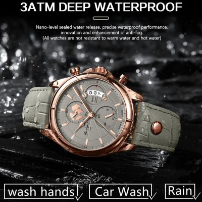 Elegant rose gold men's waterproof watch with chronograph features, suitable for all weather conditions including rain and car washes. Perfect for durable and stylish accessories.