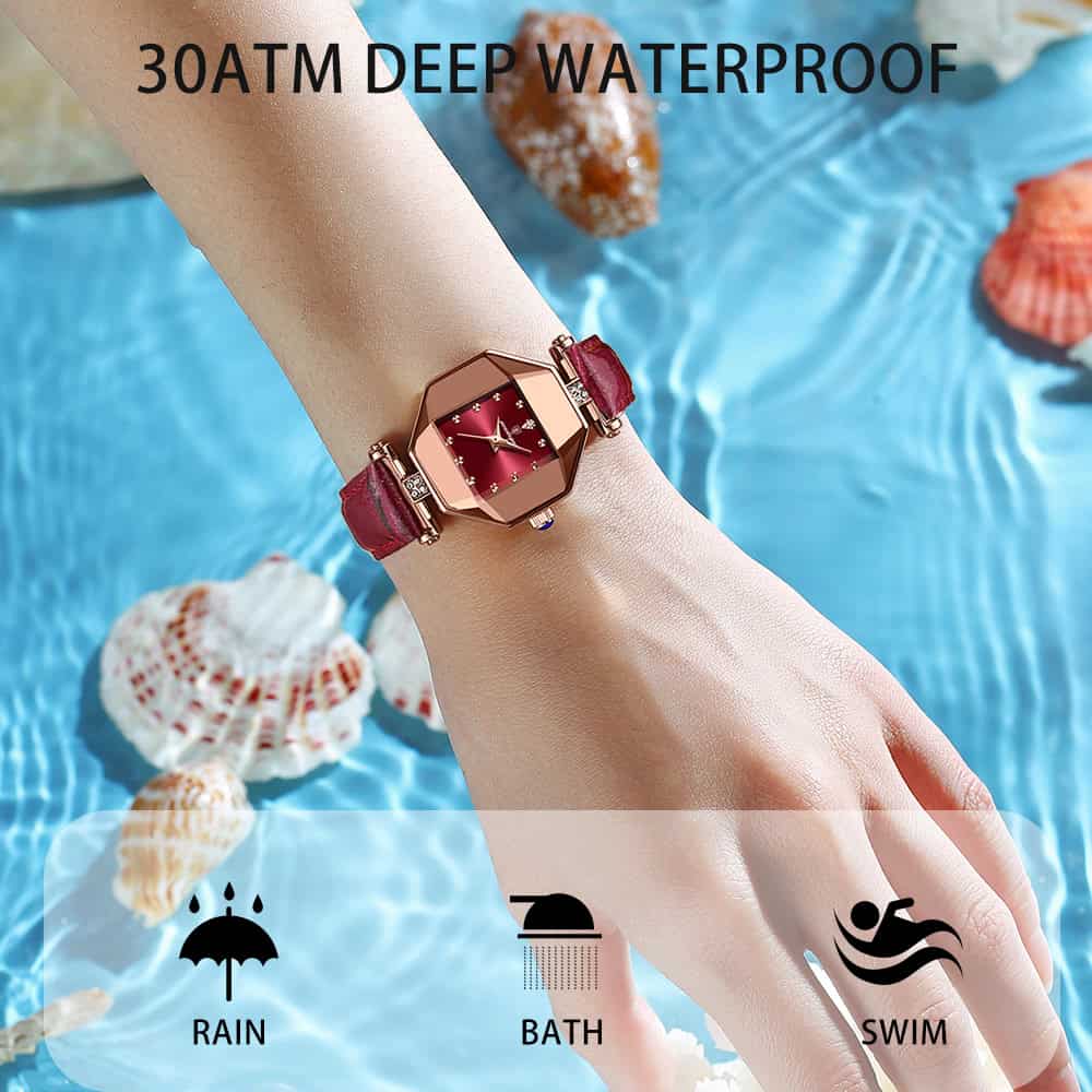 Waterproof fashion watch with deep water resistance for swimming and bathing in stylish design.