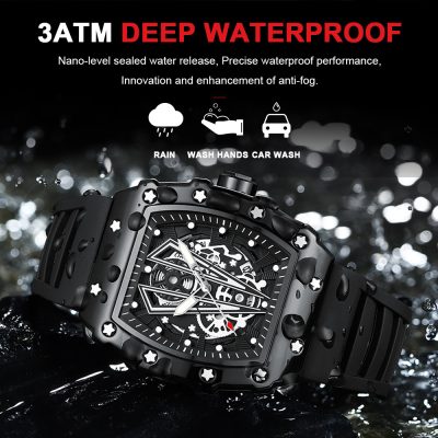 Stylish black waterproof wristwatch with water droplet detail, durable strap, and skeleton dial, ideal for outdoor activities and sports. Perfect for those seeking a combination of fashion and function.
