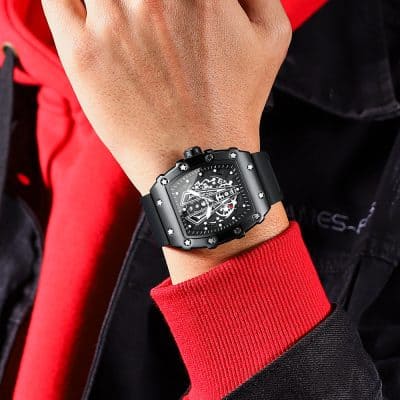 Luxurious black men's wristwatch with skeleton dial and diamond accents, perfect for luxury lifestyle and fashion. High-end designer watch for men by Monalisa Store.
