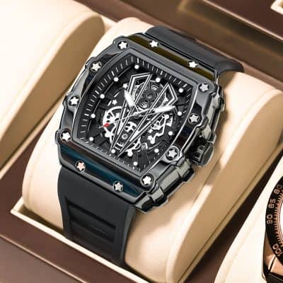 Luxurious black skeleton watch with intricate gear details and star-shaped screws, perfect for men's fashion and luxury watch enthusiasts.