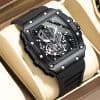 Luxury black skeleton watch with star-shaped screws on bezel, premium sports wristwatch with chronograph features, stylish and high-end men's accessories, Monalisa Store exclusive timepiece, modern men's fashion watch for collectors.