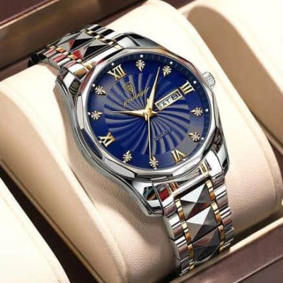 Luxury men's wristwatch with a blue dial, gold accents, and stainless steel band, showcasing elegant design and craftsmanship.