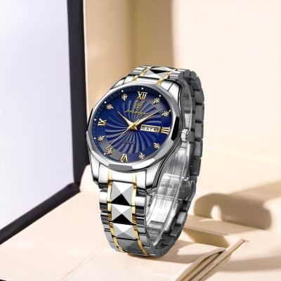 Stainless steel and gold men's wristwatch with a blue dial, Roman numerals, date display, and intricate design, perfect for luxury fashion and stylish accessories.