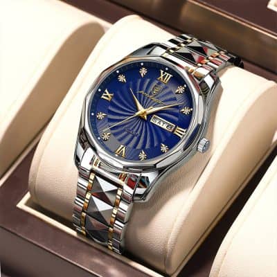 Luxurious men's wristwatch with blue dial, gold accents, and stainless steel band featuring black and gold pyramid design, perfect for elegant style and fashion accessories.