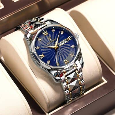 Luxury men's wristwatch with blue dial, gold accents, and stainless steel band from Monalisa Store. Perfect for stylish, elegant accessories and gift-giving.