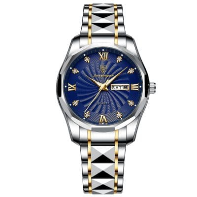 Stainless steel and gold men's luxury wristwatch with blue dial, Roman numerals, and diamond accents, available at Monalisa Store for premium watch enthusiasts.