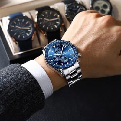 Luxury men's wristwatch with chronograph and tachymeter, stainless steel band, blue dial, sophisticated design for formal wear. Perfect addition for watch enthusiasts and collectors.