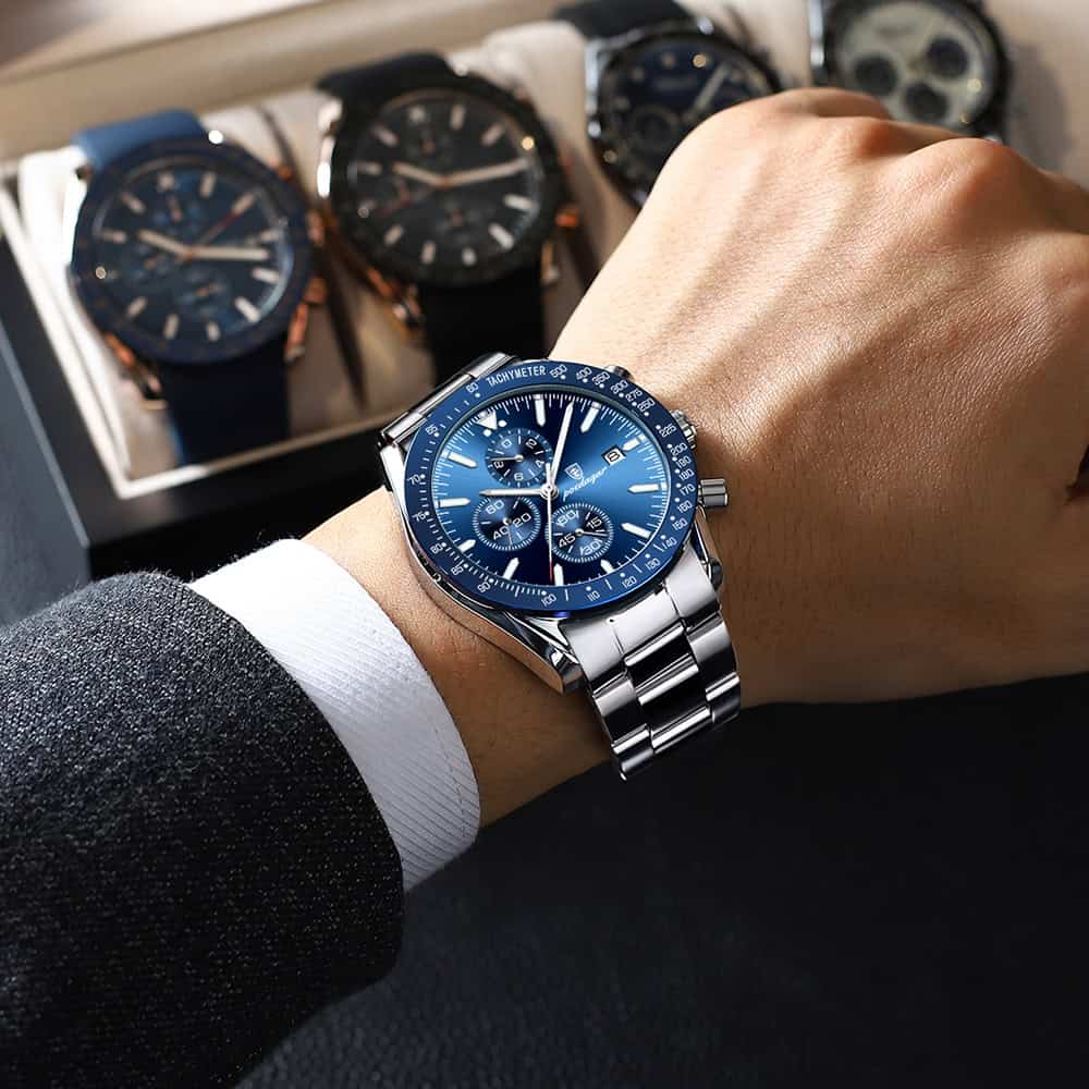 Luxury men's wristwatch with chronograph and tachymeter, stainless steel band, blue dial, sophisticated design for formal wear. Perfect addition for watch enthusiasts and collectors.
