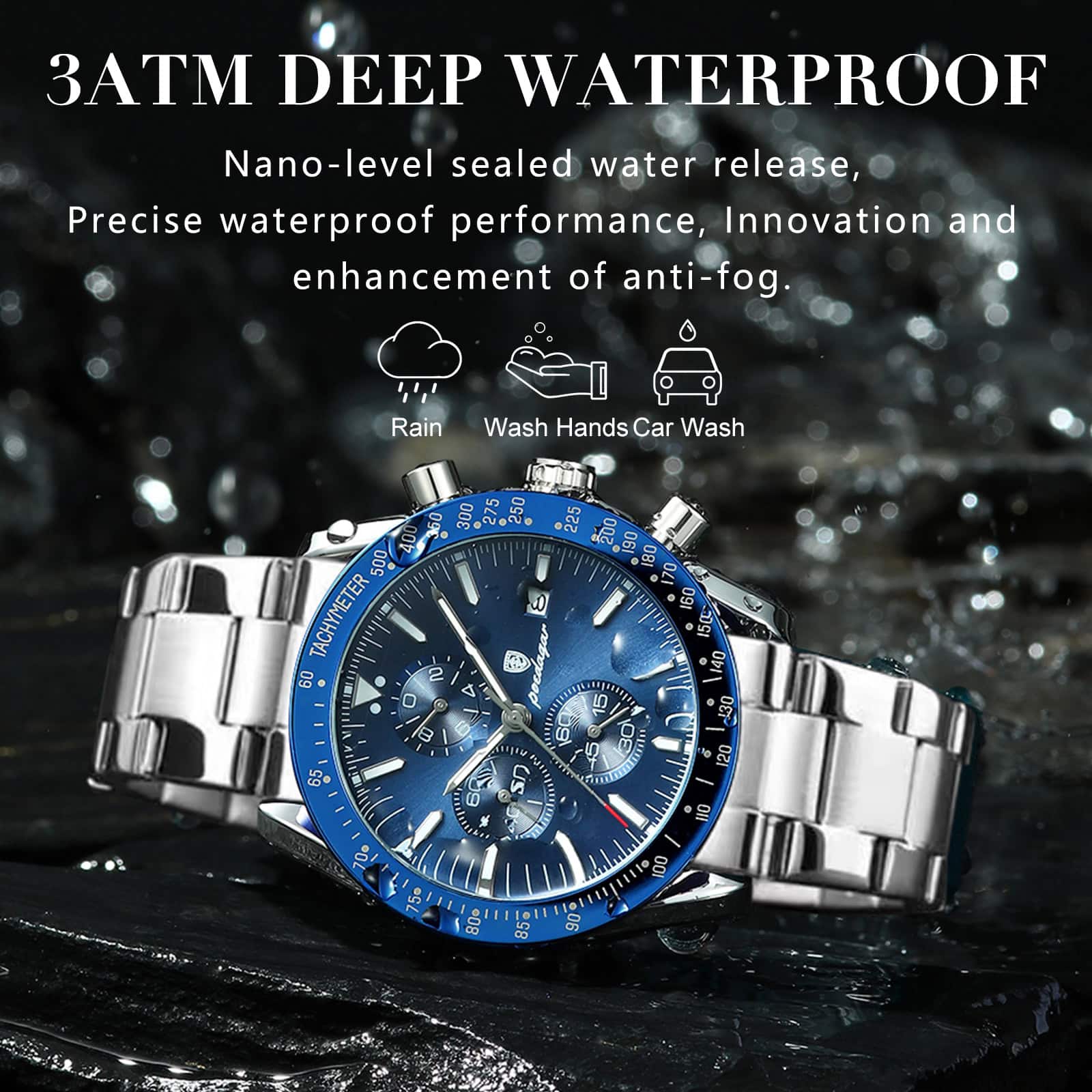 Elevated luxury watch with blue dial and stainless steel strap showcasing waterproof performance, anti-fog features, and precision timing, ideal for active lifestyles.