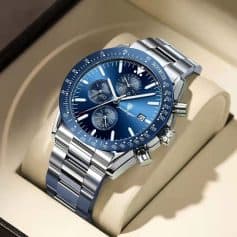 Stylish men's stainless steel chronograph watch with blue dial, tachymeter bezel, and multiple subdials, ideal for luxury accessories and timekeeping.