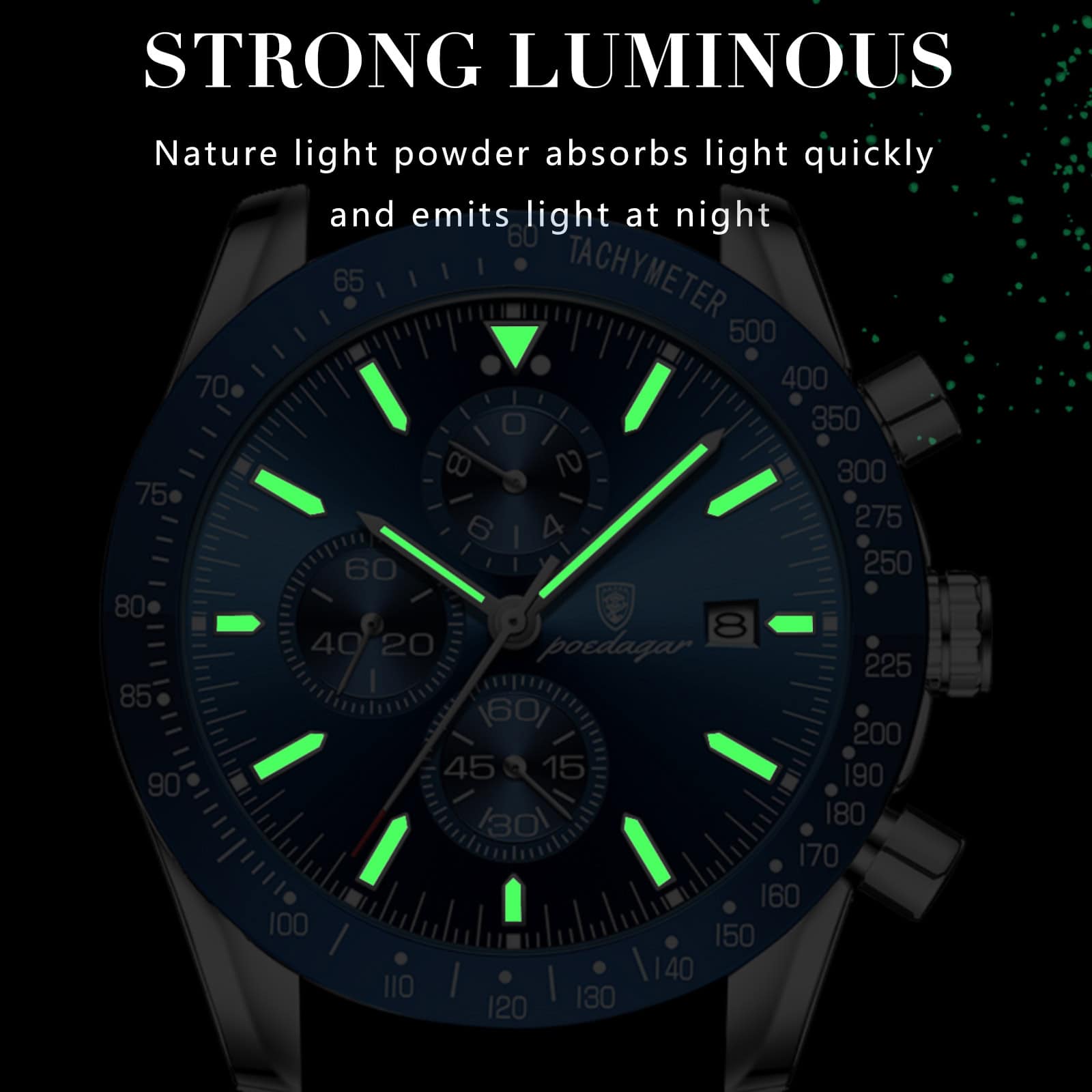 Luminous watch face with glowing green markers and hands, showcasing stylish and functional timepiece design perfect for night visibility.