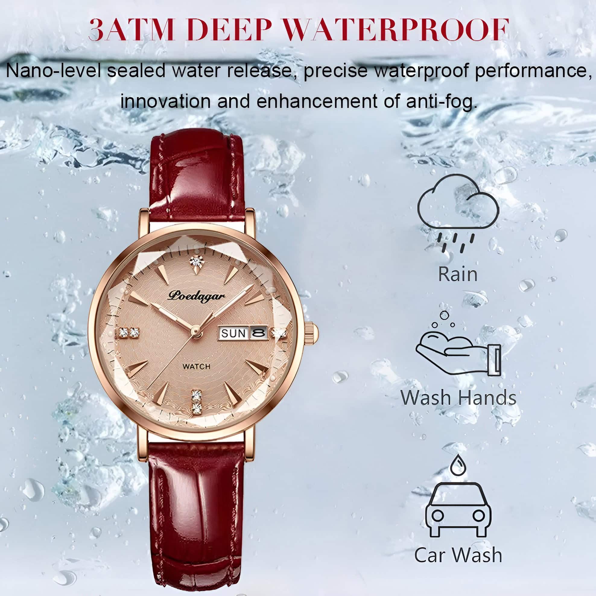Waterproof watch under water, red leather strap, durable timepiece with 3 ATM deep waterproof rating, ideal for rain, hand washing, and car wash protection, featuring precise nano-sealed water release technology.