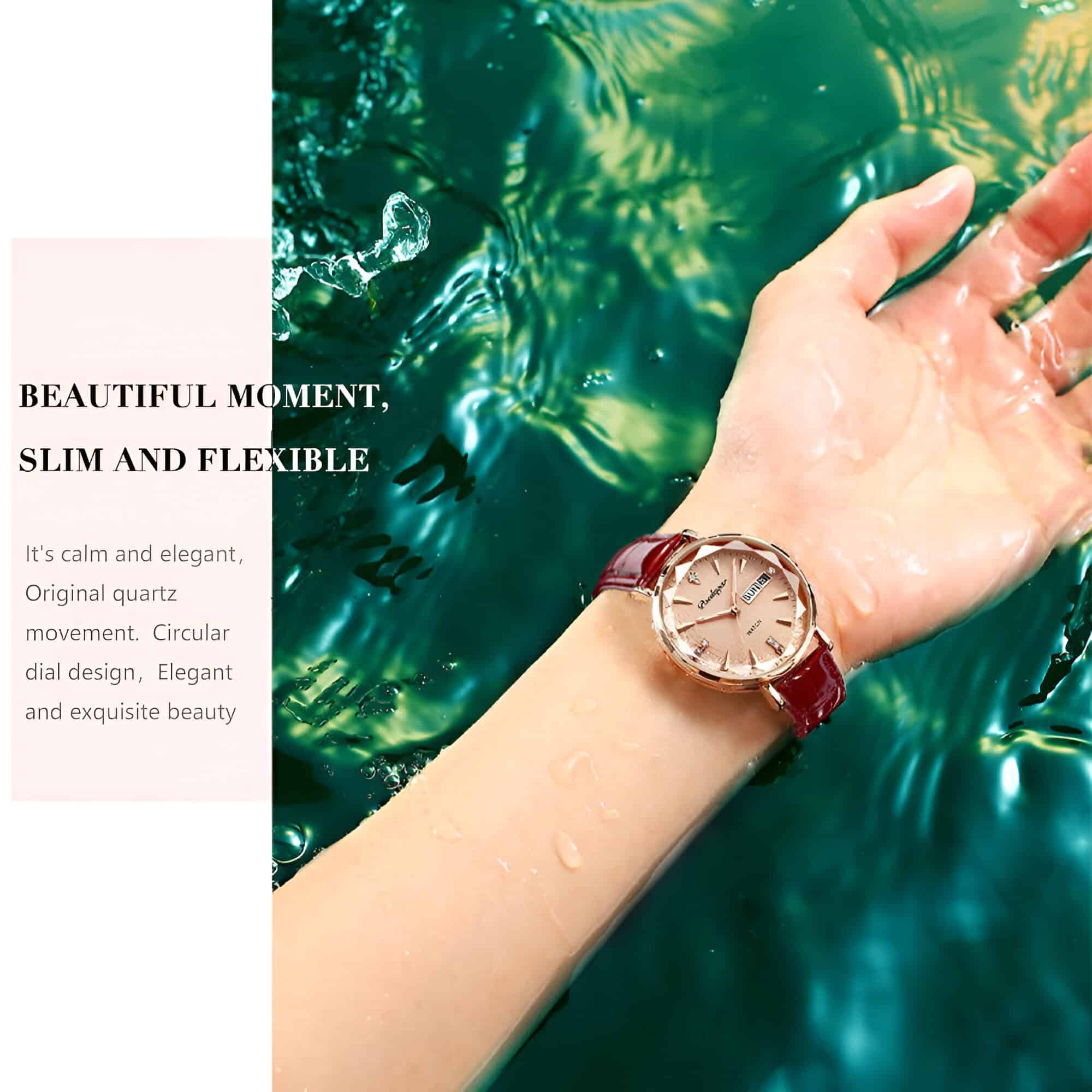 Luxury watch on a wrist with shimmering water background, emphasizing elegance and style, ideal for Monalisa Medical's branding and opt-related marketing.