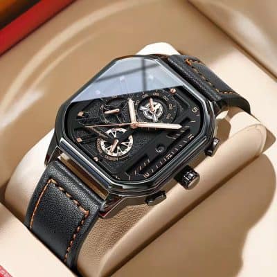 Luxury black wristwatch with chronograph features and leather strap, perfect for fashion-forward accessories.