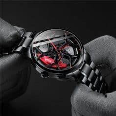Luxurious black and red sports watch with skeleton dial, featuring bold branding, sleek metal bracelet, and modern design, ideal for style-conscious individuals.