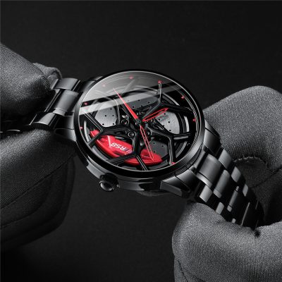 Luxurious black and red sports watch with skeleton dial, featuring bold branding, sleek metal bracelet, and modern design, ideal for style-conscious individuals.