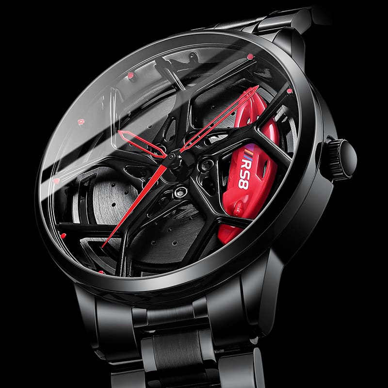 Exquisite luxury watch with black stainless steel band and skeleton dial showcasing red accents and chronograph features. Perfect for high-end fashion and sophisticated style.