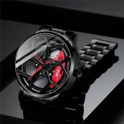 Black luxury wristwatch with sleek design, red accents, and sporty chronograph features, perfect for high-end fashion and style statements.