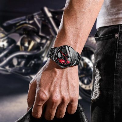 Black men's wristwatch with red accents on stainless steel band, stylish and modern accessories for men, Monalisa Medical Store, luxury watches for men, fashionable men's wristwear for occasions.